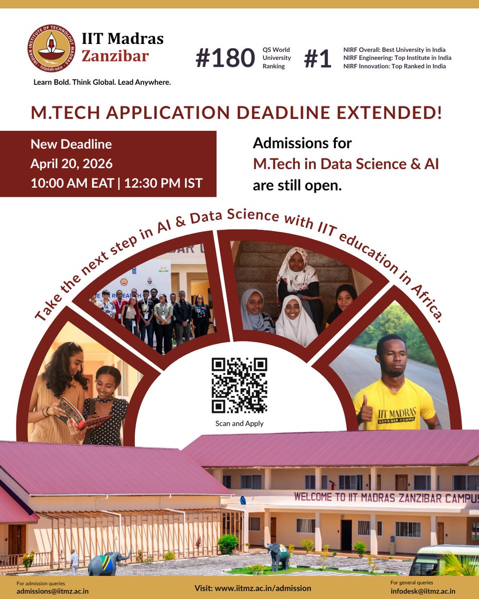 IITMZanzibar's tweet photo. We heard you and extended the deadline.

Applications for #MTech in #DataScience & #AI at IIT Madras Zanzibar are still open.

📅 New Deadline: April 20, 2026
🌍 Open to all nationalities

Step into the future of AI, Data Science, and innovation with a world-class IIT education.

👉 Apply now - don’t miss it twice!
https://t.co/IZcCGU1Thw

#StudyInAfrica #AfricaEducation #STEMAfrica #AfricaStudents #AIInAfrica #DataScienceAfrica #TechInAfrica #InnovationAfrica #MiddleEastStudents #StudyInMiddleEast #GulfStudents #UAEStudents #SaudiStudents #QatarStudents #OmanStudents #KuwaitStudents #ApplyNow #DeadlineExtended #GlobalEducation #NextGenLeaders #IITMadrasZanzibar #MTechAI #DataScience #ArtificialIntelligence #FutureInAI #TechCareers