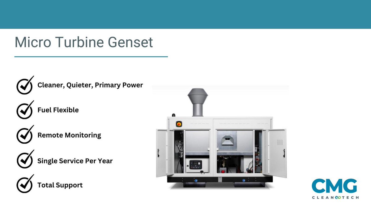CMGCleanTech's tweet image. Silent, durable, and low on emissions, our Micro Turbine Gensets (MTG) deliver reliable #CleanEnergy for both primary and standby use, with easy maintenance to support long-term performance. buff.ly/43Kp56U #RenewableEnergy #GreenTechnology