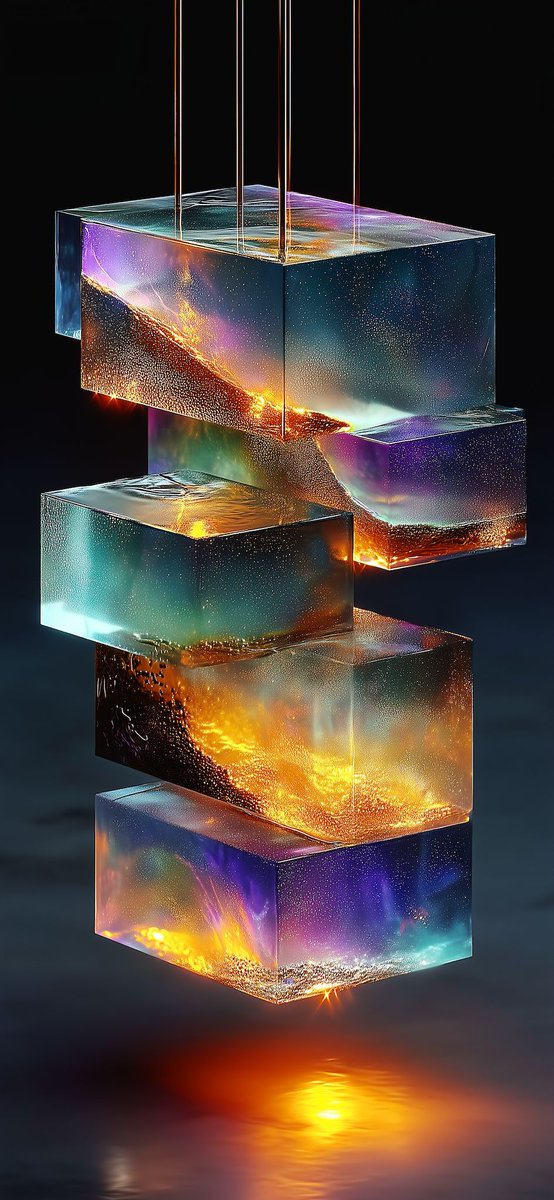 Deep_Screens's tweet image. Glass layers holding galaxies — teal, orange, magenta light trapped in floating blocks. 😀

Suspended particles catch fire where the colours meet, like embers frozen mid-drift. 😉

I made this for screens that want weight and depth without words. 👍🏻

#FreeWallpaper #AbstractArt