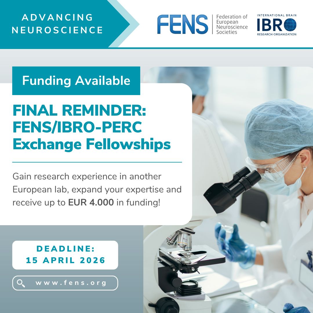 FENSorg's tweet photo. 🌟 Final reminder to apply for the #FENS / #IBRO–PERC Exchange Fellowships!

🧠 This programme allows you to gain laboratory experience in another country by offering funds for short-term research visits within Europe.

🗓️ Deadline: 15 April 2026

👉 https://t.co/KqBu3EIjQP 

@IBROorg
