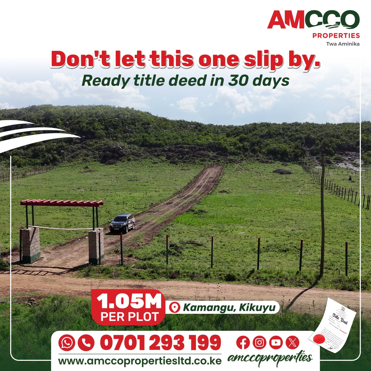 AmccoProperties's tweet image. Own a 50×100 plot in Kamangu at Faraja Gardens for just KSh 1.05M all-inclusive. Ready title deeds, with water &amp;amp; electricity already on site.

Just about 45 minutes from Nairobi CBD via the Southern Bypass, and only 10 minutes from Kikuyu Town. Close to schools, hospitals, and