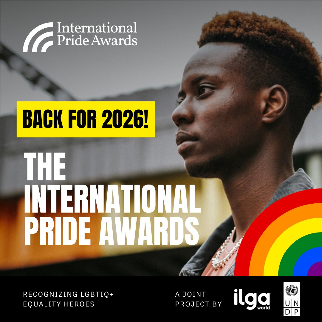 UNDPAfrica's tweet image. Do you know someone advancing #LGBTIQ+ equality in their community or around the world?

Nominate them for the 2026 #InternationalPrideAwards, organized by UNDP &amp;amp; @ILGAWORLD 

Nominations open until 17 April: shorturl.at/C9ziO