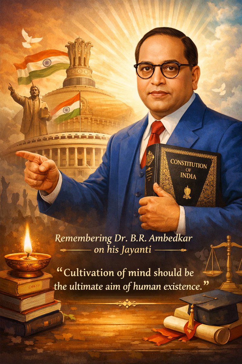 RahulSi98696083's tweet photo. Remembering the architect of our Constitution, Bharat Ratna Dr. B. R. Ambedkar, on his Jayanti.
His vision for equality, justice, and education continues to inspire generations.

Cultivation of mind should be the ultimate aim of human existence.
#AmbedkarJayanti #DrBRAmbedkar https://t.co/DEObiutsPF