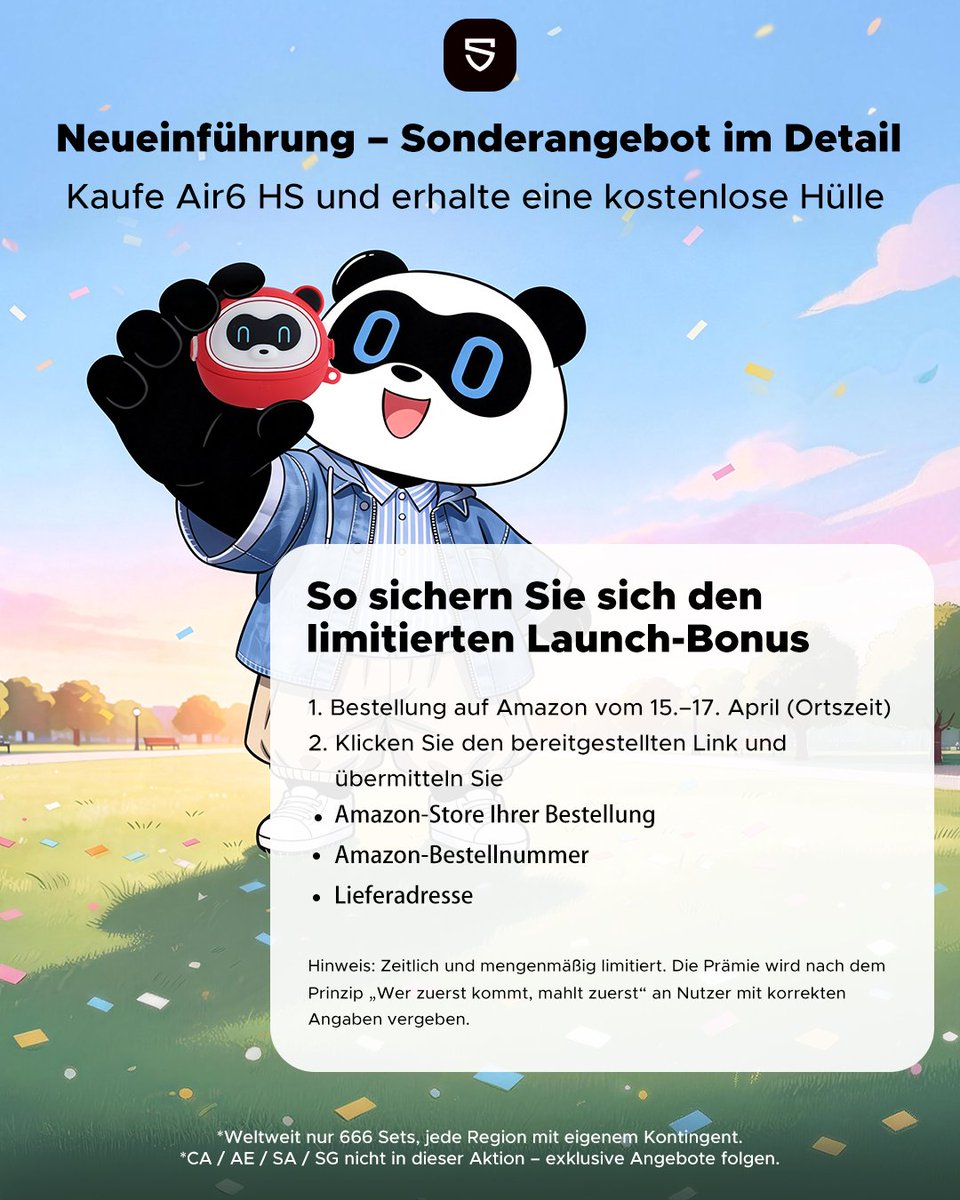 SOUNDPEATS_DACH's tweet image. Morgen ist Launch.

Air6 HS – 35 % Early-Bird
🎁 + kostenlose Hülle (15.–17.04. auf Amazon)
⚠️ Nur 666 Sets weltweit. First come, first served.

👉 Link im Bio

#Air6HS #EarlyBird #AmazonDeutschland #LimitierterVorrat