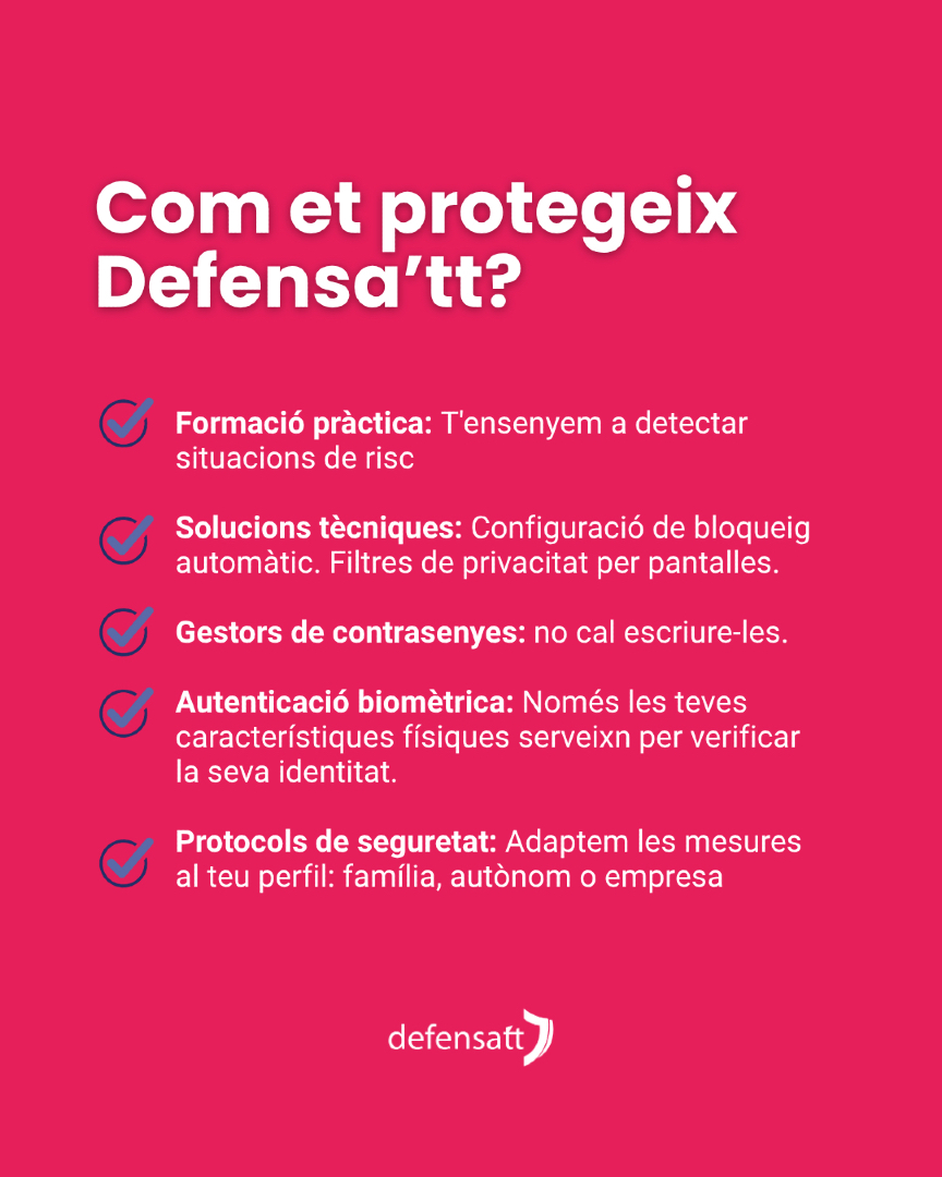 Defensatt's tweet photo. 👀 Al metro. A la cafeteria. Al caixer.
Algú pot estar mirant la teva pantalla ara mateix.
Shoulder Surfing: l'atac més simple i més perillós.

👉 Aprèn a detectar-lo i protegir-te.

Plans des de 35,90€/mes
Defensa'tt · Ciberseguretat al teu abast

#ciberseguretat #shouldersurfing #defensatt #seguretadigital #proteccio