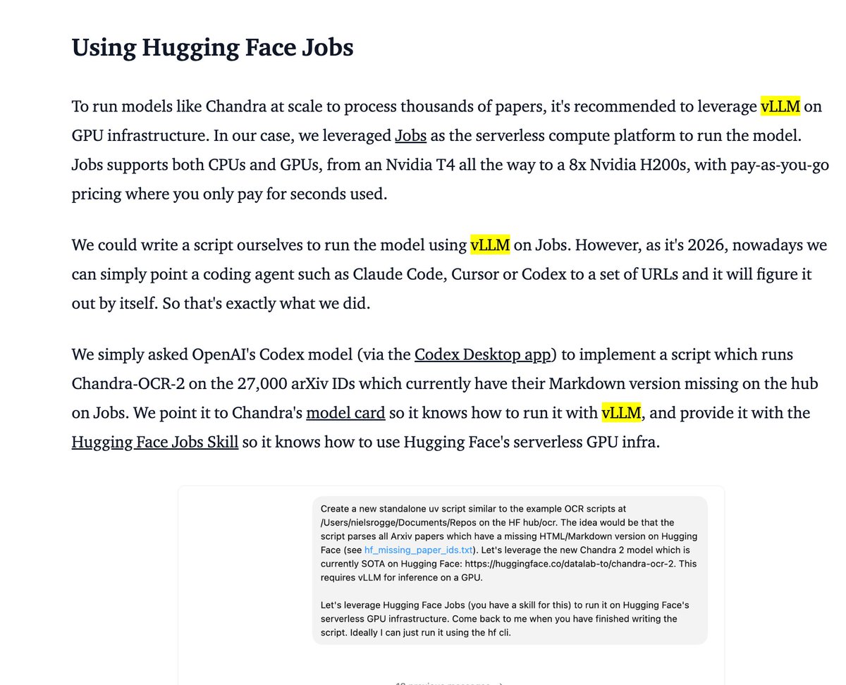 vllm_project's tweet image. 🚀 Great to see vLLM powering OCR at this scale — Chandra-OCR-2 (5B) serving ~60 papers/hour per L40S across 16 parallel jobs.

The full pipeline breakdown is a great read 👇
🔗 huggingface.co/blog/nielsr/oc…