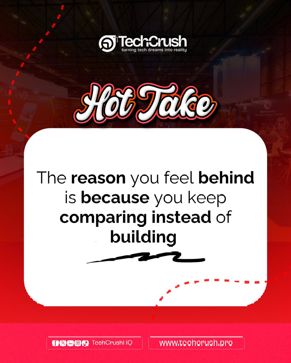 You aren't behind, you are just distracted. 

Comparison steals time you could be using to build something real.
Every minute spent watching others is a minute taken from your own progress.

You are a step closer!
Don't give up!!

#techcrush #tech4africans #tech4africanscholars