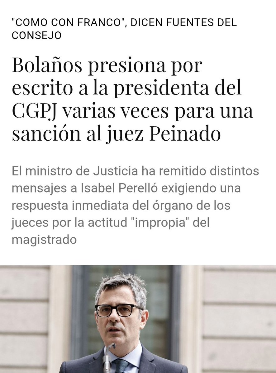 El ministro de Justicia presiona al Consejo General del Poder Judicial por encauzar a la mujer del presidente.

Con este Gobierno:
-Igualdad ante la ley: no existe.

-El feminismo deja de ser mérito, capacidad e igualdad, y se sustituye por “ser la mujer de”.

Seguimos escalando