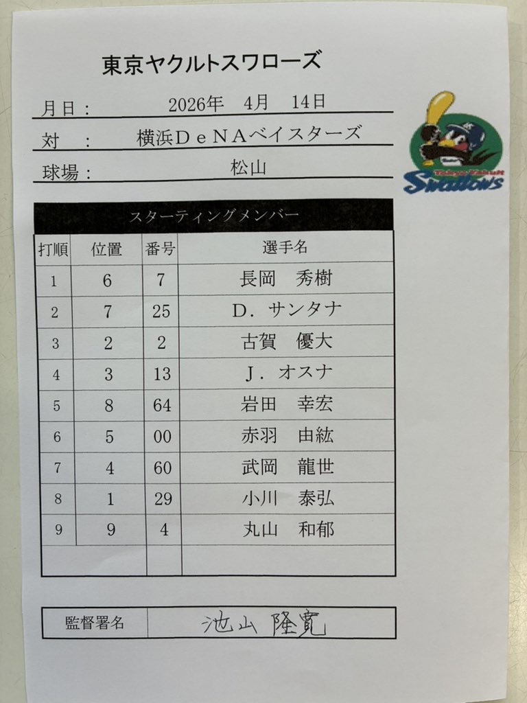4月14日（火）
vs.横浜DeNAベイスターズ
東京ヤクルトスワローズ
本日のスタメン
#swallows
#燕心全開