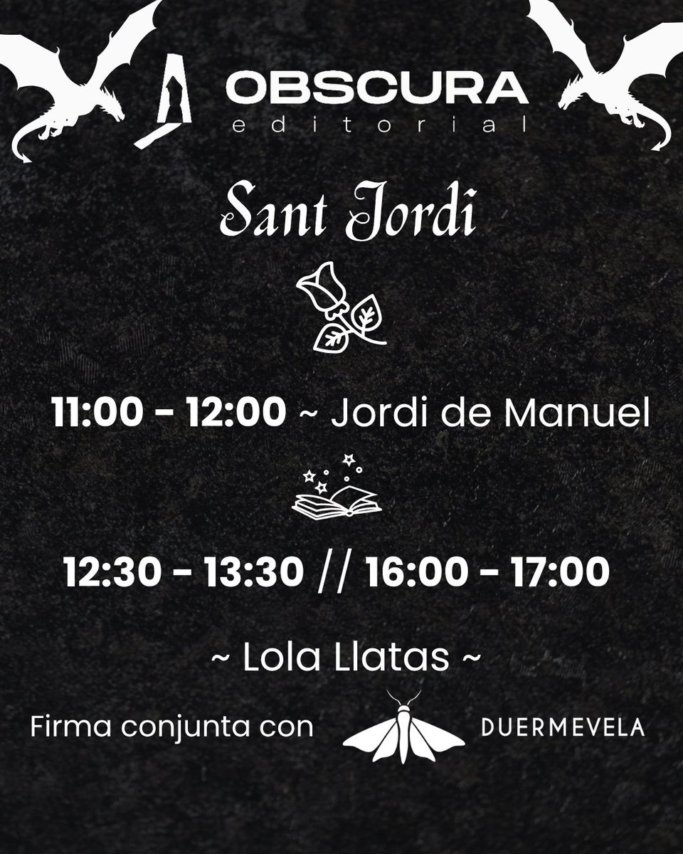 11:00 - 12:00, Jordi de Manuel <a href="/jordidmanuel/">Jordi de Manuel</a> 
(Àcars)  
12:30 - 13:30 y 16:00 - 17:00, Lola Llatas <a href="/lolallatas/">Lola LLatas</a> 
(Bosque, El lugar invisible)  

Firma conjunta con <a href="/DuermevelaEd/">Duermevela Ediciones</a> 
(Hija de Invierno) 

= estará en una parada o en otra, ¡traed todos sus libros! 😉