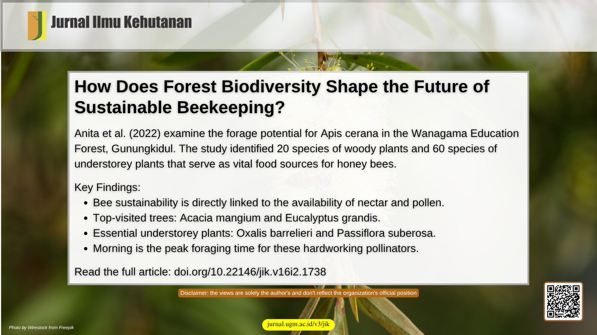 JurnalKehutanan's tweet image. How Does Forest Biodiversity Shape the Future of Sustainable Beekeeping?

doi.org/10.22146/jik.v…

#ApisCerana #Apiculture #Beekeeping #Biodiversity #Conservation #HoneyBee