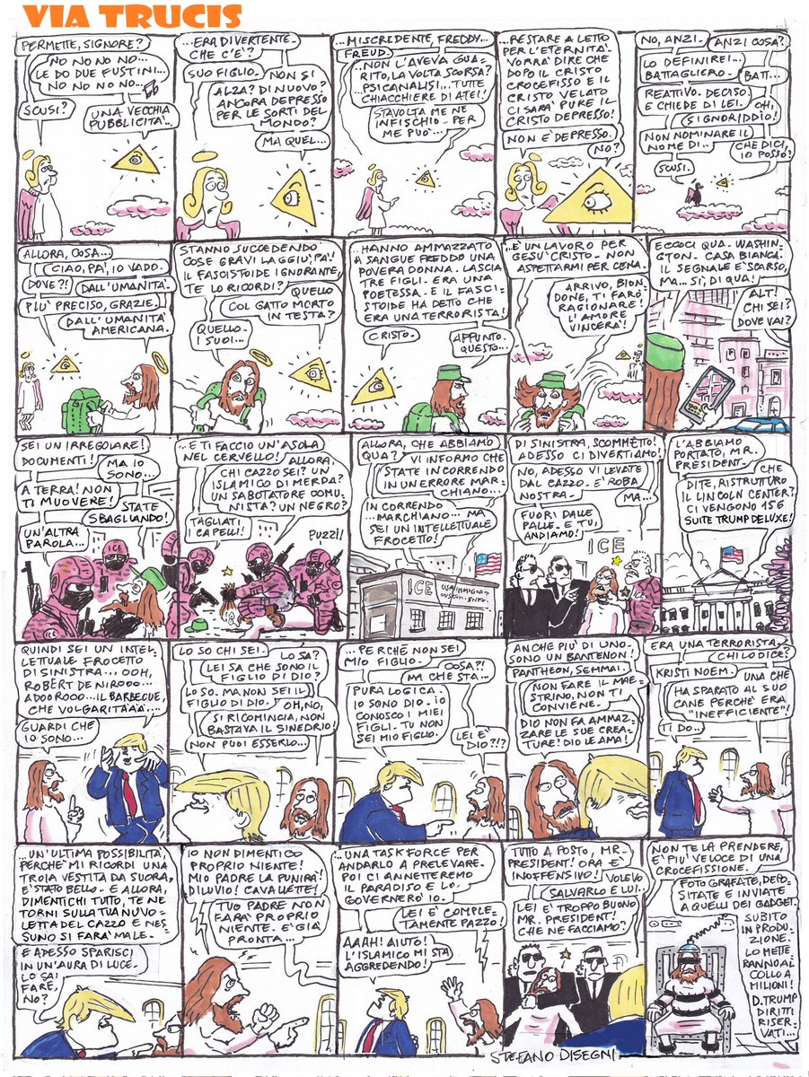 StefanoDisegni's tweet photo. ANCORA UNA VOLTA SO' PROFETA LAUREATO! Il 10 gennaio ho fatto questa strip: Trump che dice di volersi sostituire a Dio.  
Oggi  'sto psicopatico insulta il Papa e pubblica se' stesso nelle sembianze di Gesu' guaritore, con sfondo di bombardieri. https://t.co/1E4hE4rv0K