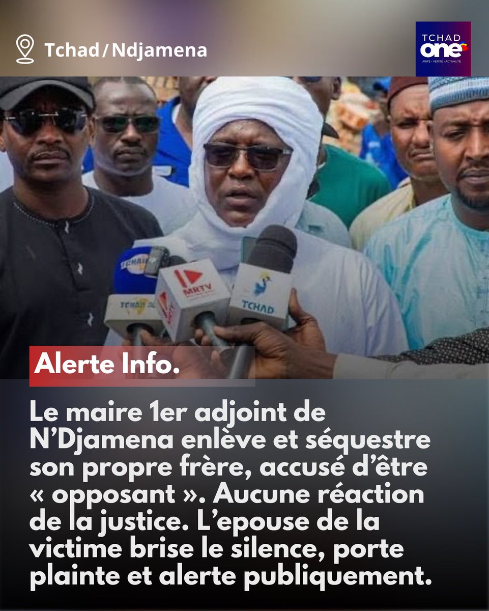 TchadOne's tweet image. #Tchad 🇹🇩 Alerte 🚨 | Violation des droits de l’Homme : un maire 1er adjoint accuse son frère d’être « opposant » et le fait séquestrer

Le maire 1er adjoint de N’Djamena, M. Mahamat Ibrahim Siam, a orchestré l’enlèvement et la séquestration de son propre frère, cadre de l’ITRAD.
