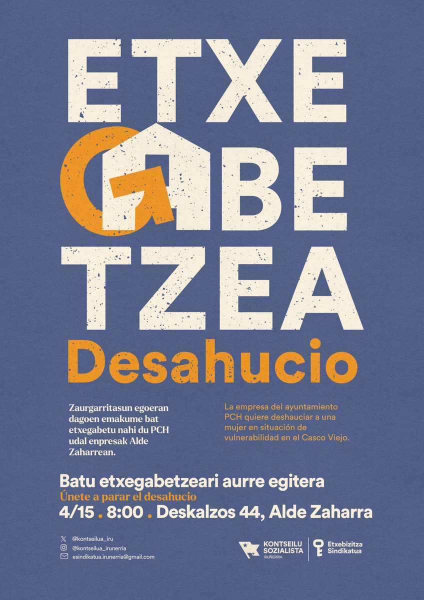 El Ayuntamiento de Iruñea desalojó ayer a más de un centenar de personas y no ofreció ninguna alternativa real.

Mañana, 15 de abril, la empresa municipal PCH desahuciará a otra mujer en el Casco Viejo 

Hoy concentración a las 19:00 frente al Gobierno de Nav y mañana a las 08:00
