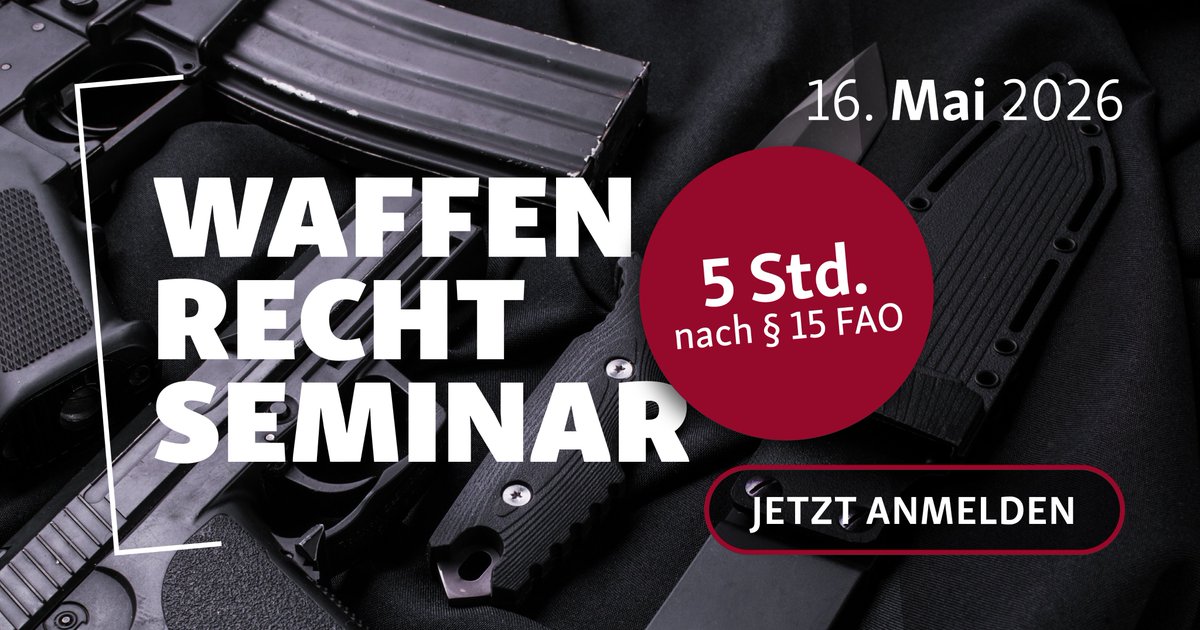 🔔 Reminder: Waffenrecht-Seminar 2026
✔️ Überblick + Praxis
✔️ Optional Schießübungen

🕒 5 FAO-Stunden

👉 strafverteidigervereinigung-nrw.de/waffenrechtsem…

#stvvnrw