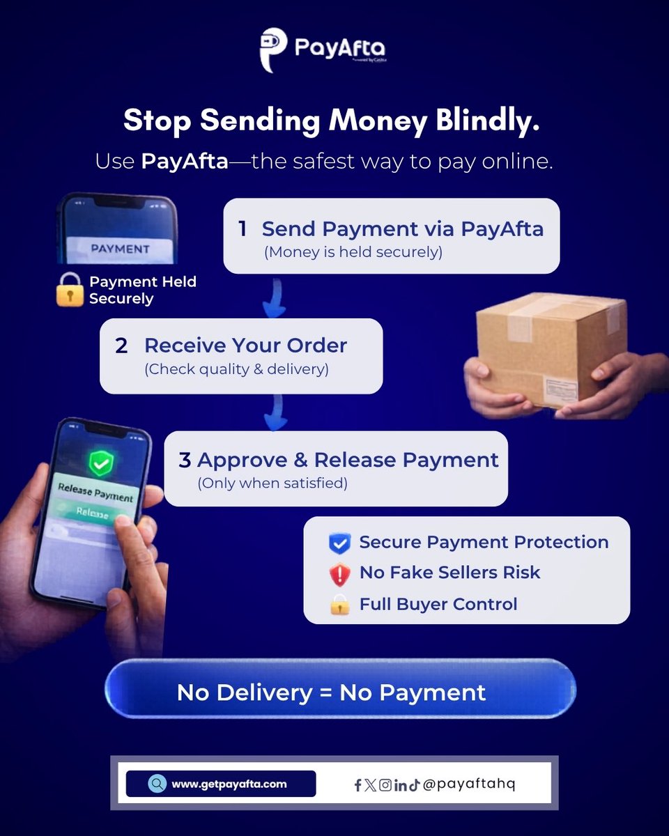 PayAftaHQ's tweet photo. Afraid of losing money to online vendors?
Smart buyers don’t send money blindly.
They use PayAfta because PayAfta protects you and ensures you get what you paid for.
Ready to shop with confidence? Start here https://t.co/UeRfjNrafy

#onlineshoppers #buyers #escrow https://t.co/DxPSuZkZ1i