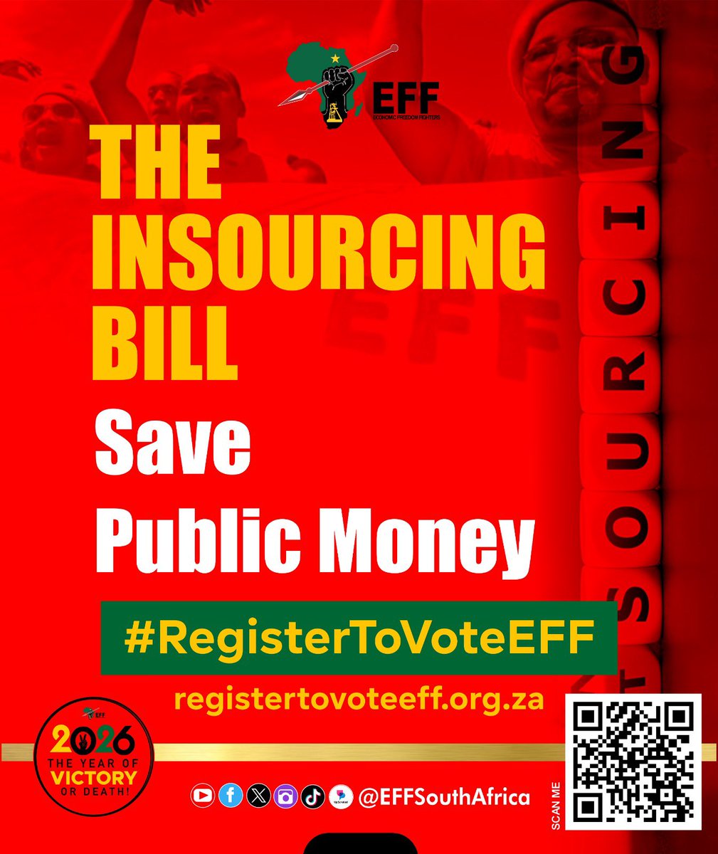 EFFSouthAfrica's tweet image. ♦️Insourcing Bill♦️

The EFF has introduced a progressive Insourcing Bill, 2025, which seeks to compel the state to insource services required on a regular and ongoing basis by organs of state. These include cleaning, security, maintenance, IT support, catering, transport, and