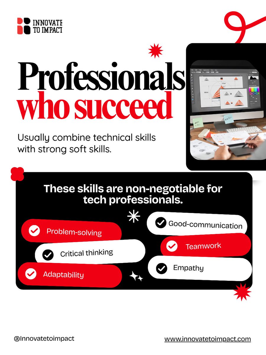 Innovate2Impact's tweet image. Technology is not only about tools and coding languages.
These skills help professionals collaborate with teams, solve complex problems and adapt to new technologies as the industry evolves.

#TechSkills
#TechGrowth
#DigitalProfessionals
#TechMindset
#TechEducation