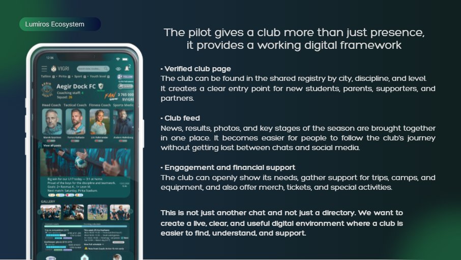VigriCrypto's tweet photo. Slide 4 of our club presentation:
what a club gets from VIGRI.
• verified club page
• club feed with updates, results, and photos
• tools for engagement and financial support

VIGRI is not just another chat or directory.
It is a clearer way for a club to be found, followed, and supported.
https://t.co/lwCYlrjCXF
#VIGRI #Sports #Dance #Art  #PilotProgram