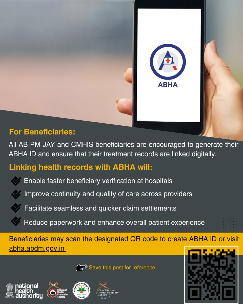 NHPSNagaland's tweet photo. Seamless healthcare starts here 
ABHA-linked EHR now mandatory for empanelled hospitals (from 1 Mar 2026).
Beneficiaries: Create your ABHA ID today!

Scan the QR or visit: https://t.co/nu0qpqhJOT

#ABDM #ABHA #EHR #DigitalHealth #ABPMJAY #CMHIS https://t.co/v1CEcJO3jS