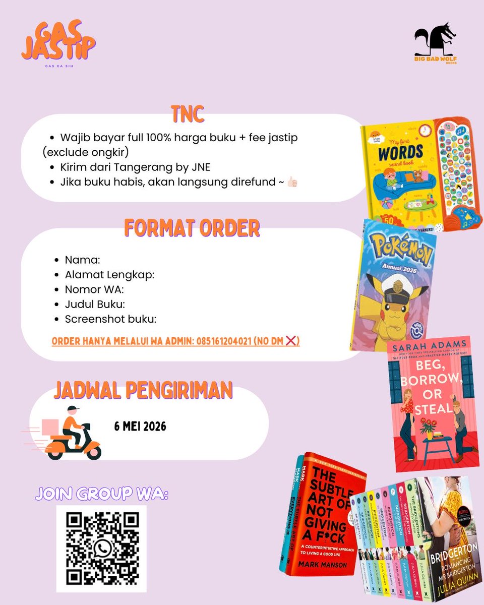 avwkwk's tweet photo. 📚 GAS JASTIP - BIG BAD WOLF BBW 2026 📚

💰 Jastip Fee per buku:
- Harga buku di bawah 50,000 IDR: 5,000 IDR/ buku
- 50,001 - 150,000 IDR: 10,000 IDR
- Di atas 150,001: 10% dari harga buku tertera

‼️BISA REQ BUKU
 
Join group WA⬇️
https://t.co/PSGF9DuEjG https://t.co/bz6pEOIUXc