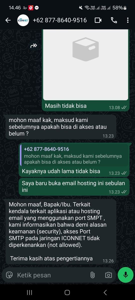 ANDIPSYCHO's tweet photo. Hai @Iconnet_id ini apa betul layanan kalian memblokir imap dan smtp, internetku sama sekali ga bisa akses email own hosting loh 😅😅 https://t.co/W2wrahgBfe