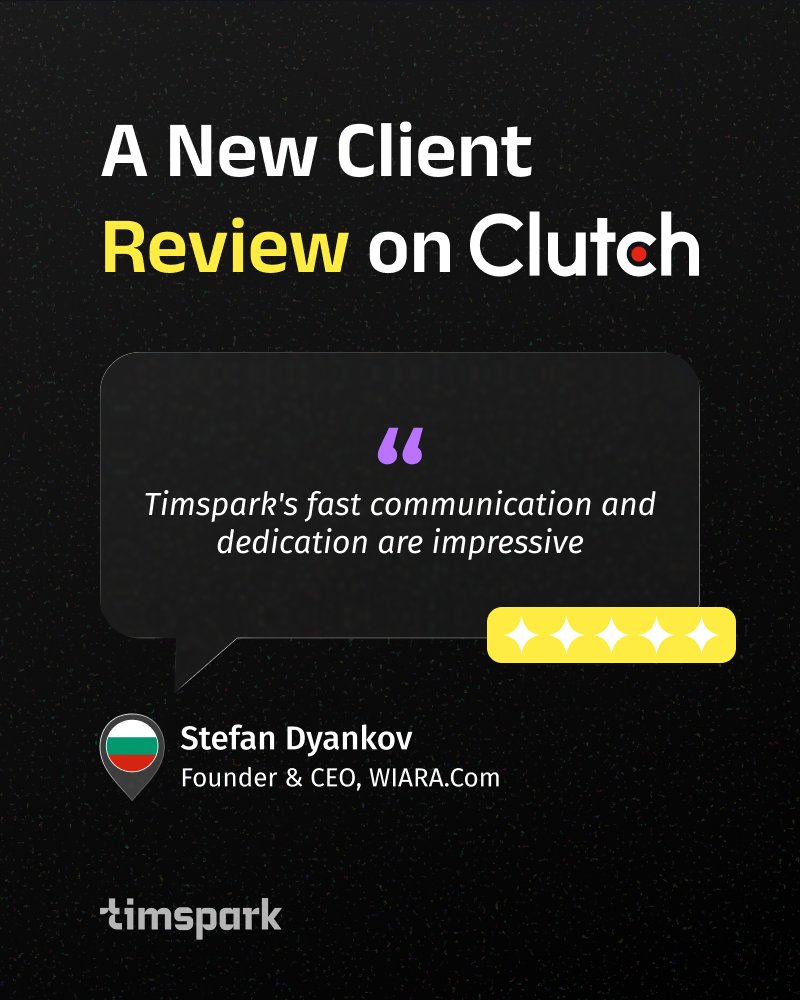timspark_com's tweet photo. We are pleased to share a recent review from 𝗪𝗜𝗔𝗥𝗔, where the client highlighted 𝗧𝗶𝗺𝘀𝗽𝗮𝗿𝗸’𝘀 fast communication, dedication, and contribution to accelerating development through staff augmentation.

𝗥𝗲𝗮𝗱 𝘁𝗵𝗲 𝗳𝘂𝗹𝗹 𝗿𝗲𝘃𝗶𝗲𝘄: https://t.co/TJWOAyaTeO https://t.co/KLMdq9XN9x