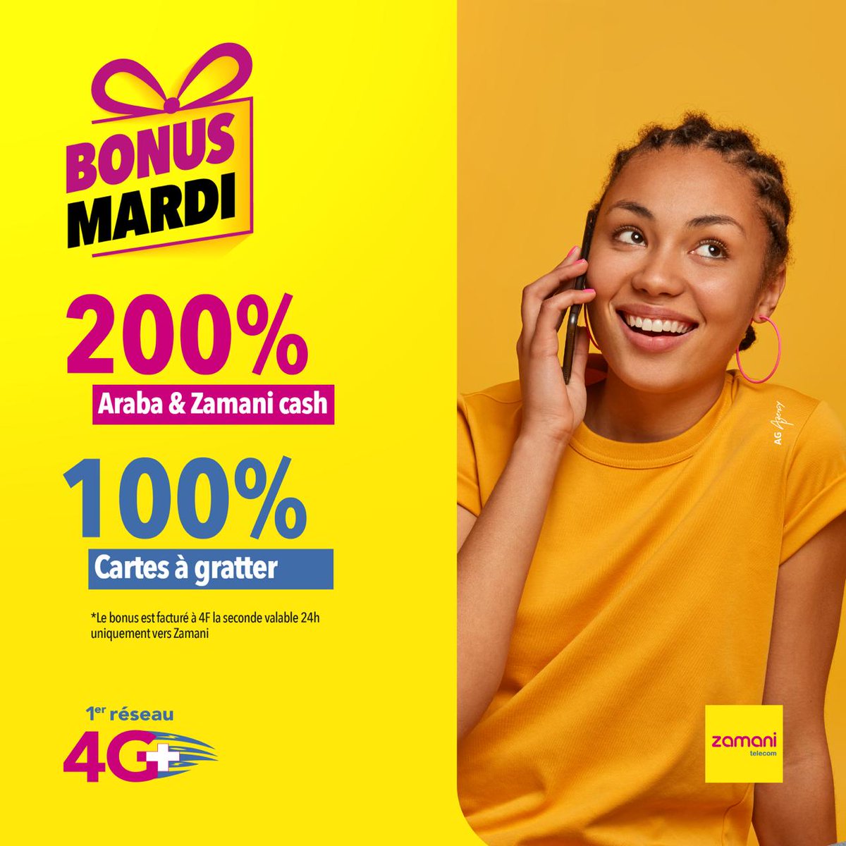 ZamaniTelecom's tweet image. Aujourd’hui, bénéficiez d’un bonus de :

200% de bonus via Araba
200% de bonus via Zamani Cash
100% de bonus via Cartes à gratter
📱 Valable uniquement vers Zamani télécom
⏳ Validité : 24h (facturé à 4F/seconde)

#Zamanitelecom #PromoMardi #4GPlus #Niger