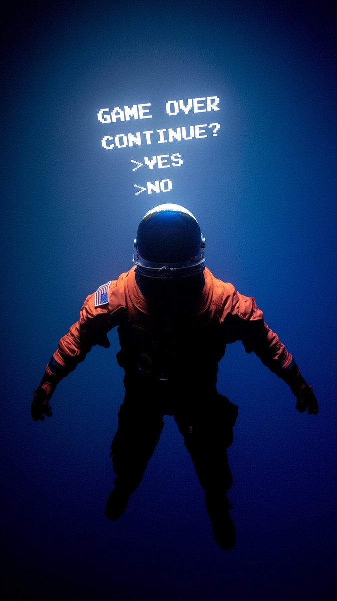promptsref's tweet image. A cinematic, high-angle shot looking down at an astronaut falling backward into a deep, foggy blue-grey void. The astronaut wears an orange spacesuit with a USA flag patch on the left shoulder and a helmet with a dark, opaque visor. The pose is one of freefall, limbs outstretched