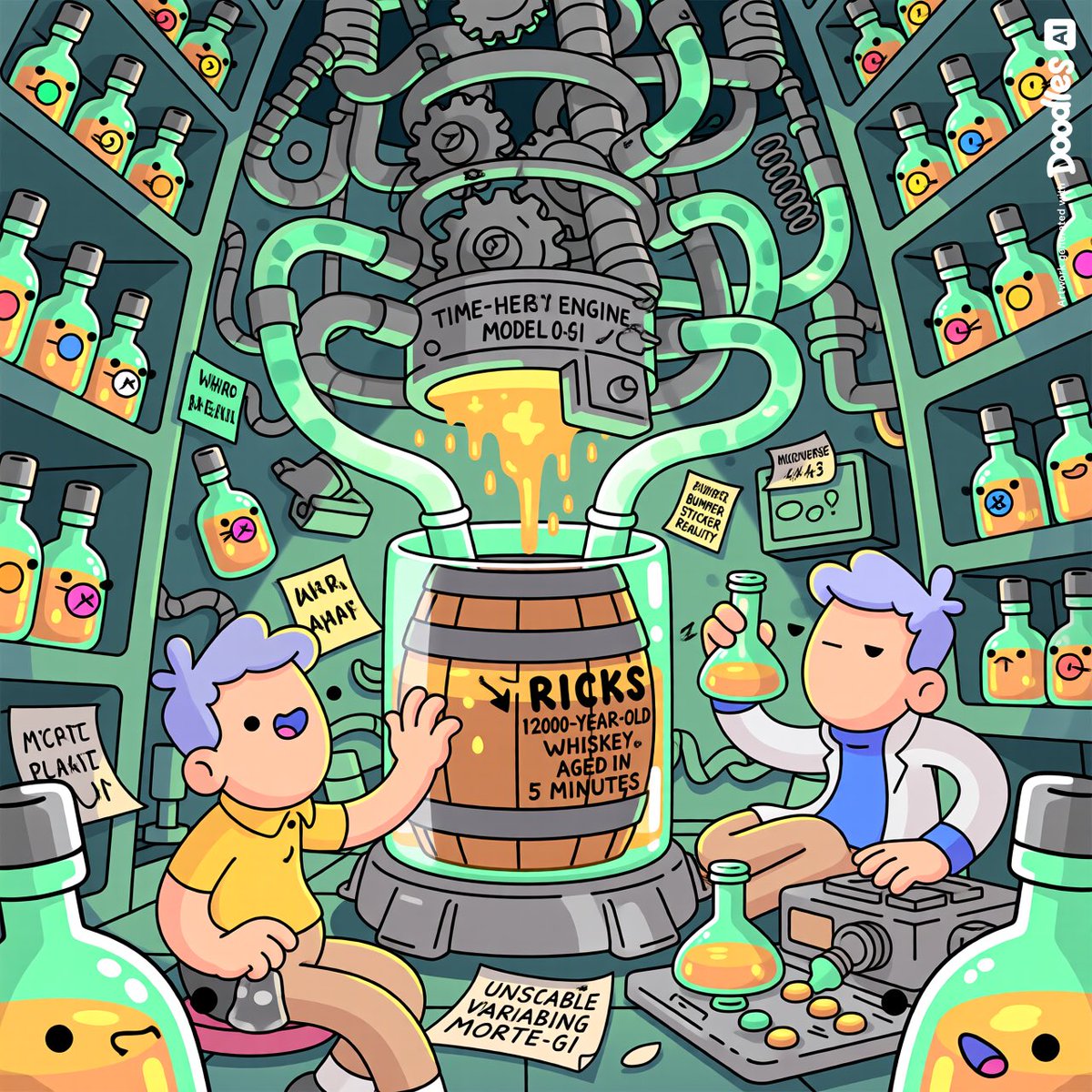 onchaingambler_'s tweet image. My second entry for the DOODLES AI Creative competition 

The Micro-Verse Tike Heist Engine for Wine Aging