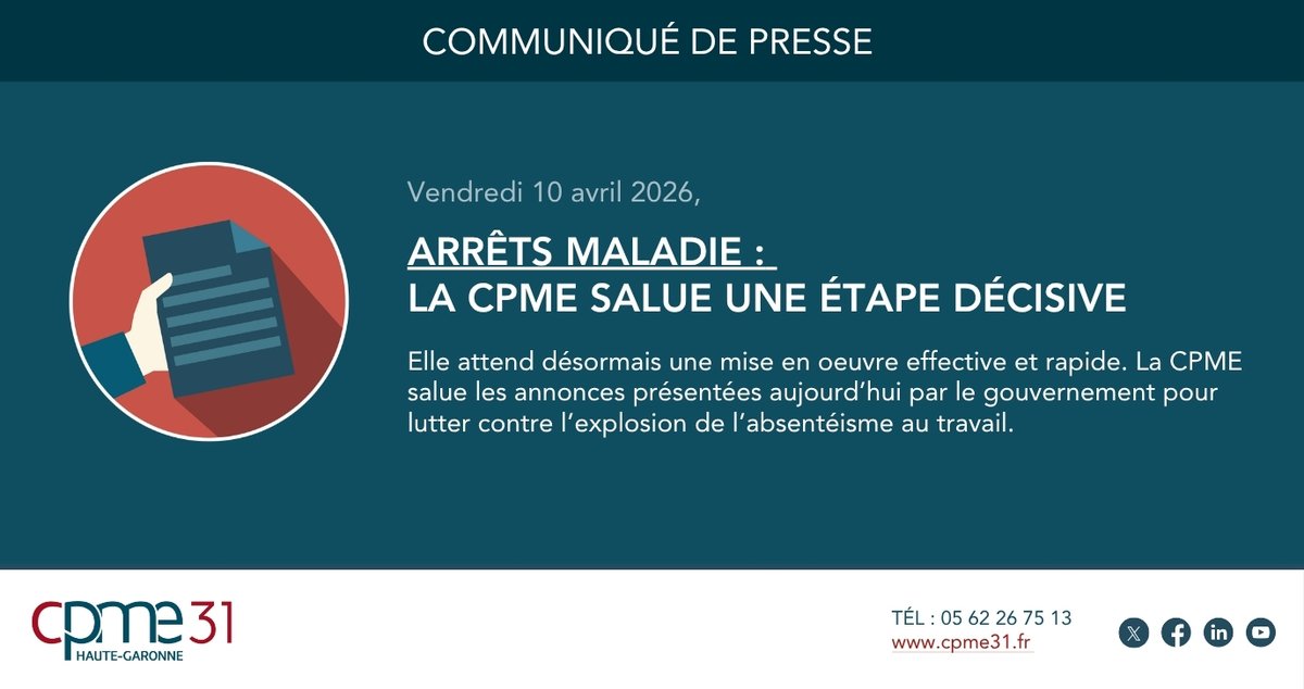 cpme31's tweet photo. #presse 📣 Arrêts maladie : La @CPMEnationale  salue les annonces présentées par le gouvernement pour lutter contre l’explosion de l’absentéisme au travail
La CPME restera très vigilante au déploiement réel sur le terrain des propositions gouvernementales
https://t.co/hZswKa0Pg0 https://t.co/maIg7CdBte