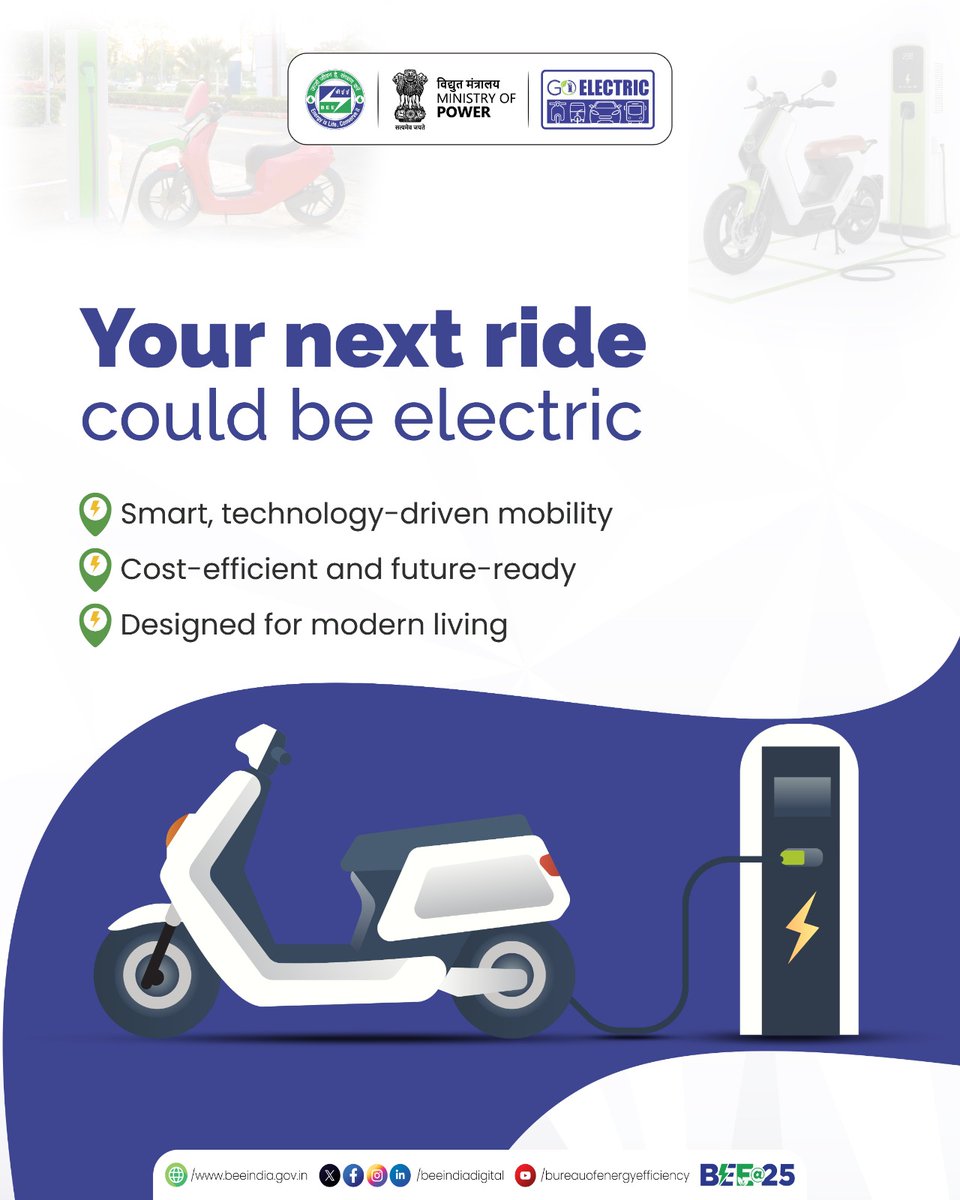 beeindiadigital's tweet image. The future of mobility is electric.

Smarter, cost-efficient, and built for modern living, EVs are redefining how we move.

Make the shift towards cleaner transportation.

#EnergyEfficiency #ElectricMobility #BEEat25 #SustainableLiving
