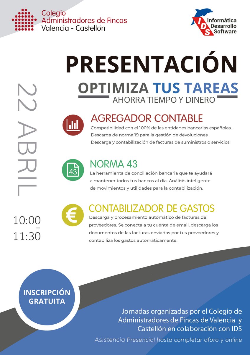 idsplus's tweet photo. Formación Optimiza Tus Tareas
🗓️Miércoles 22 Abril
🕙10:00h
📍Presencial (Sede del Colegio de Administradores de Fincas de Valencia, Plaza Crespins 3) y Online vía ZOOM
Inscripción gratuita: https://t.co/oiJBPvT80k
#AFColegiados #AAFF #IDS #FincasPlusElite
@CAFValencia https://t.co/QJ0gKdGvJm