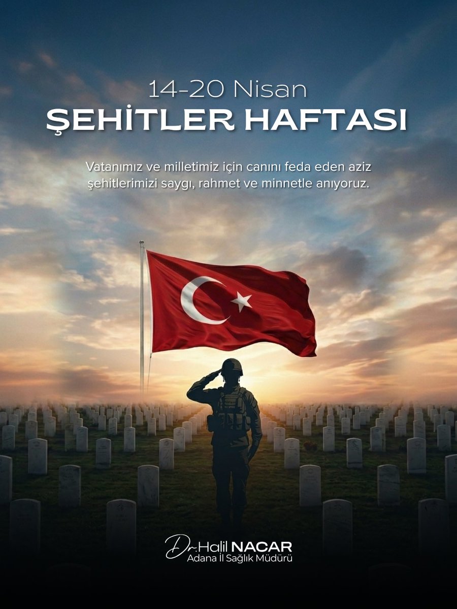 "Bayrakları bayrak yapan üstündeki kandır, toprak eğer uğrunda ölen varsa vatandır." 🇹🇷

Vatanımızın bölünmez bütünlüğü, milletimizin huzur ve istiklâli için canlarını feda eden aziz şehitlerimizi 14-20 Nisan Şehitler Haftası vesilesiyle rahmet ve minnetle yâd ediyorum. 🇹🇷