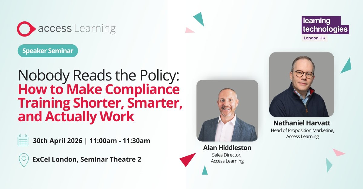 Access_LMS's tweet image. 📅 30th April | ⏰ 11:00–11:30am | 📍 Theatre 2

If #compliance training is a major part of your learning strategy, make sure to add this session to your Learning Technologies agenda.

📍 You can also find us at Stand D20 throughout the event. 
ow.ly/9qya50YI8OY

#LT26UK