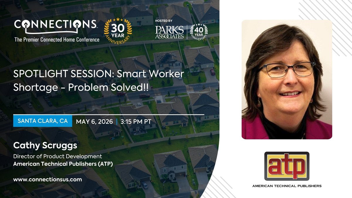 ParksAssociates's tweet image. We are excited to welcome Cathy Scruggs, @ATP_Connect to CONNECTIONS: The Premier Connected Home Conference. Join us in Santa Clara, CA, May 5-7 for the #smarthome event of the year: tinyurl.com/2t8ed8kc
#security #energy #utilities #CONNUS26 #ai