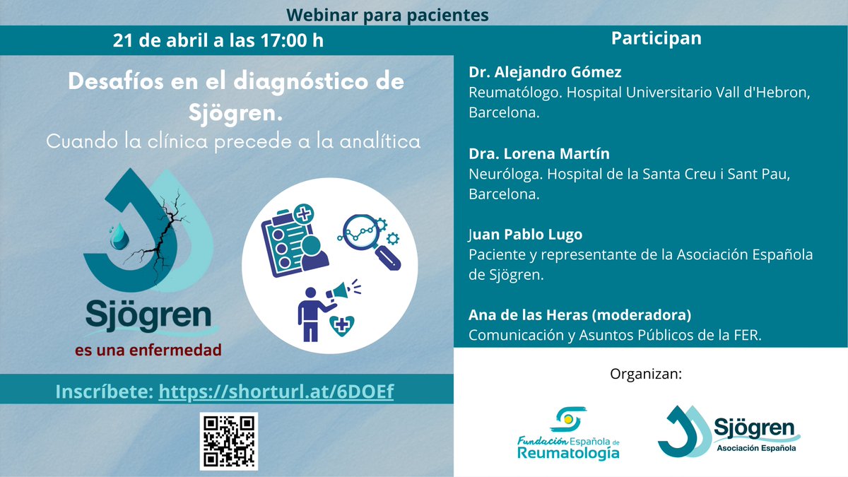 SEReumatologia's tweet photo. 📢 ¡Nuevo #webinar con motivo del Mes de la Concienciación sobre el #Sjögren, en colaboración con @aesjogren! 

☝️ Hablaremos de los desafíos en el diagnóstico de esta enfermedad con el Dr. @agomezreuma, reumatólogo, la Dra. Lorena Martín, neuróloga, y Juan Pablo Lugo, paciente y representante de la asociación.

¡Inscríbete! ➡️ https://t.co/iklNtQWFmS