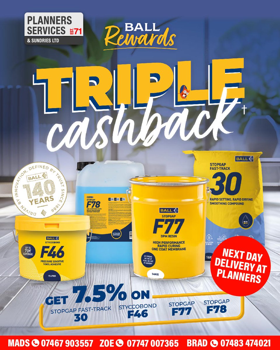 pss_flooring's tweet image. 📣 BALL REWARDS MEMBERS! ​​

💸TRIPLE CASHBACK on selected #fball products at @pss_flooring  ​​
🌟PLUS: Earn 2.5% cashback on all other F. Ball products as usual. Offer ends 31st March 2026​
​@FBallTechPT
📦 In Stock. On Time. 
Give the #TeamPlanners a call: ​
☎️ 020 7609 8321