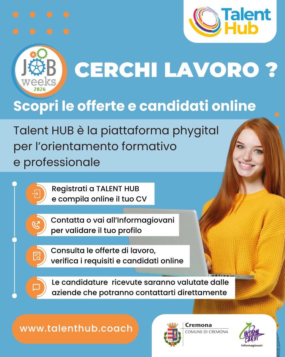 💼 Cerchi lavoro o uno stage? Parti da Talent Hub.

Talent Hub è la piattaforma regionale pensata per accompagnarti nella ricerca del lavoro, nello sviluppo delle tue competenze e nelle scelte per il tuo futuro professionale.