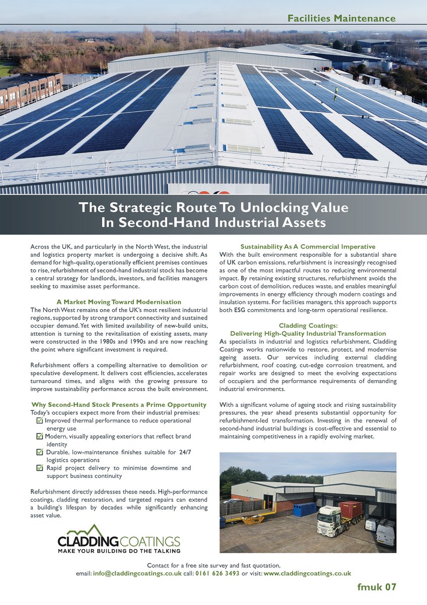 FMUKmagazine1's tweet image. Latest Issue📰: @CladdingCoating, specialists in #industrial and #logistics #refurbishment, explain the strategic route to unlocking #value in second‑hand industrial assets.

➡️fmuk-online.co.uk/the-strategic-…
#facman #FacilitiesManagement #modernise #maintenance #sustainability #coatings