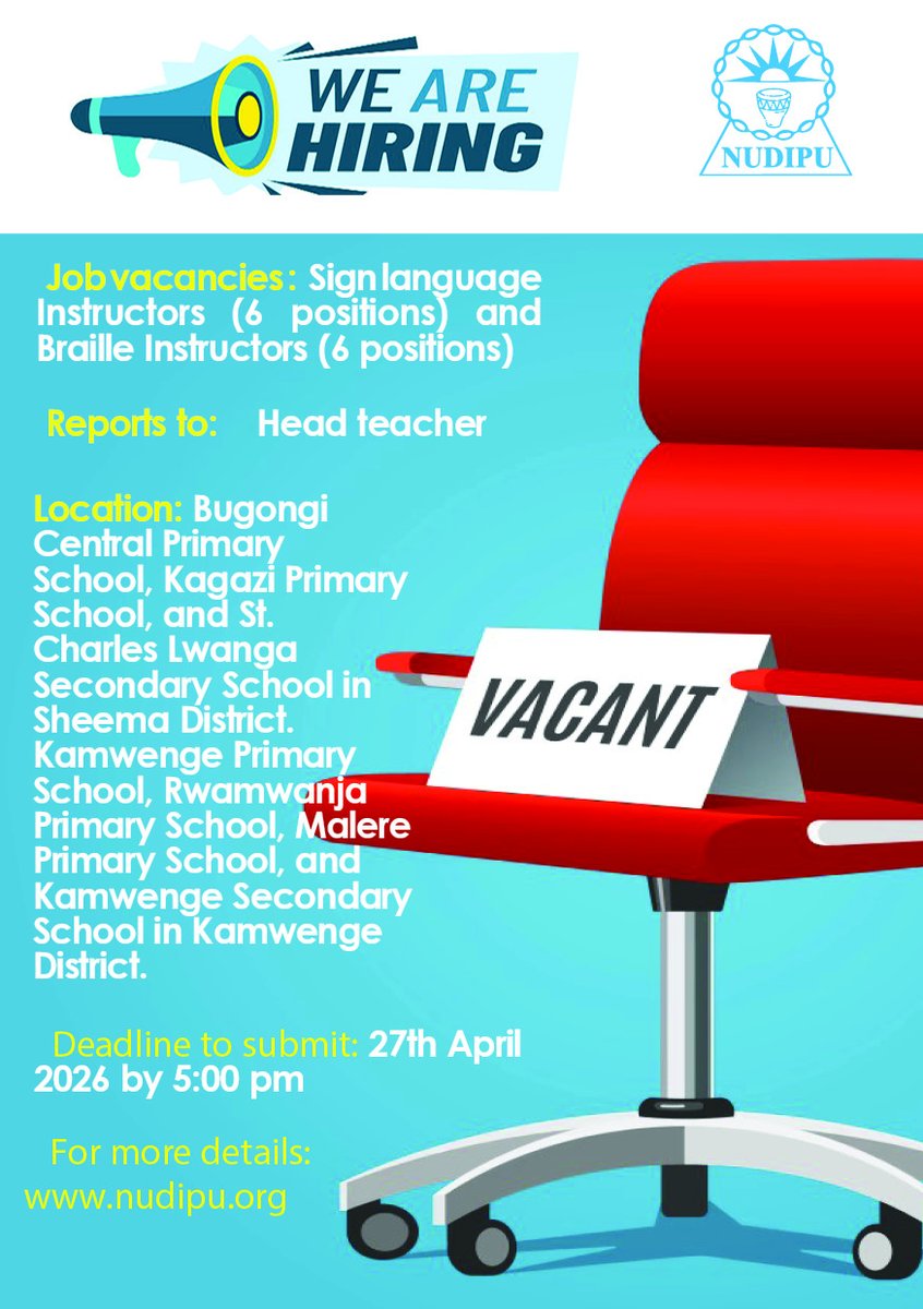 NUDIPU's tweet photo. 📢📢Hiring: 
Sign language(6) &amp; Braille instructor (6) jobs open in Sheema &amp; Kamwenge districts. Apply with CV + docs in one PDF to info@nudipu.org by Apr 27, 2026. 

For  details: Visit our website on https://t.co/XUJ2m7OeRH under careers page. https://t.co/1X8ZIFga0B