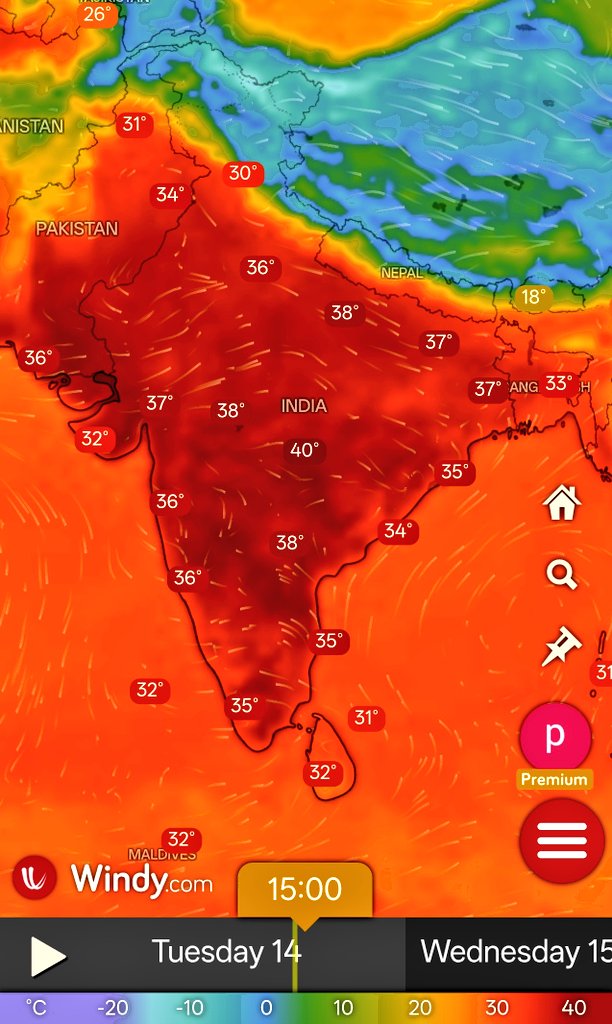 All of India is heating up. The effect of the Western Disturbance is disappearing. Most parts of India are currently very close to 40°C. Stay watchful and safe.
Image courtesy windy