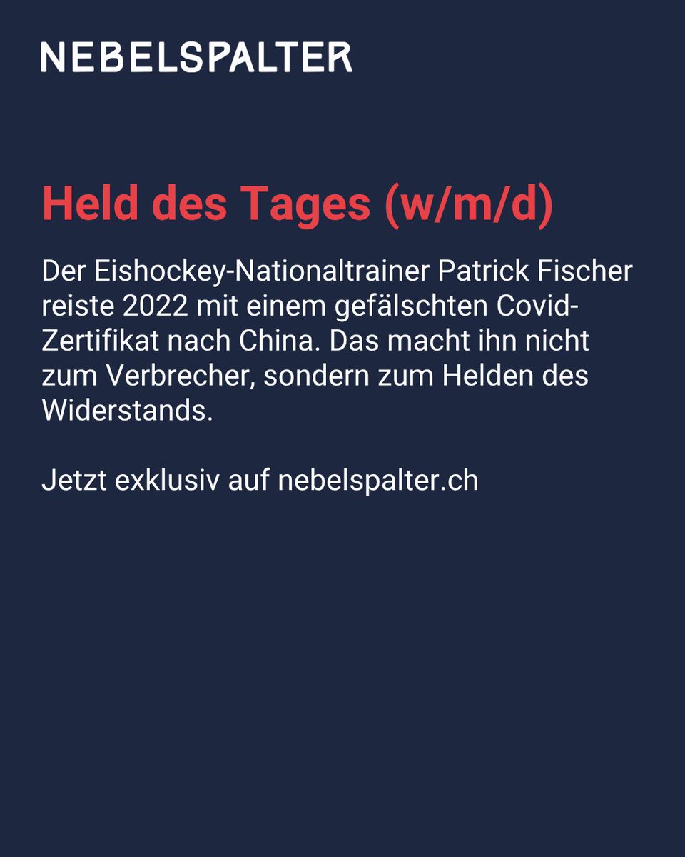 nebelspalter's tweet image. Patrick Fischer, Zertifikats-Trickser 

Zum ganzen Artikel: buff.ly/D2haSLP 

#NebelspalterNews #Politik #SchweizerPolitik #HeldDesTages