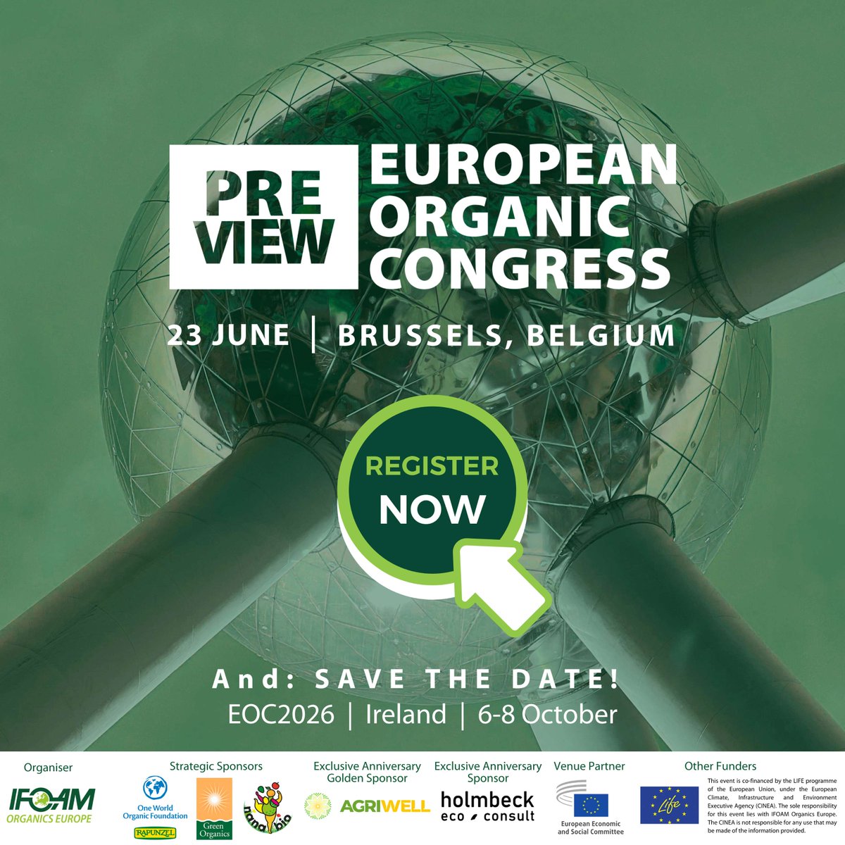 OrganicsEurope's tweet photo. On 23 June, join us in Brussels for the special Preview of #EOC2026! 💫 
A unique public event on the future of organic in Europe. 
🎟 Participation is free, but seats are limited — secure yours today: 
👉https://t.co/C3BiJ57wy0 https://t.co/cI3S2iLEbq
