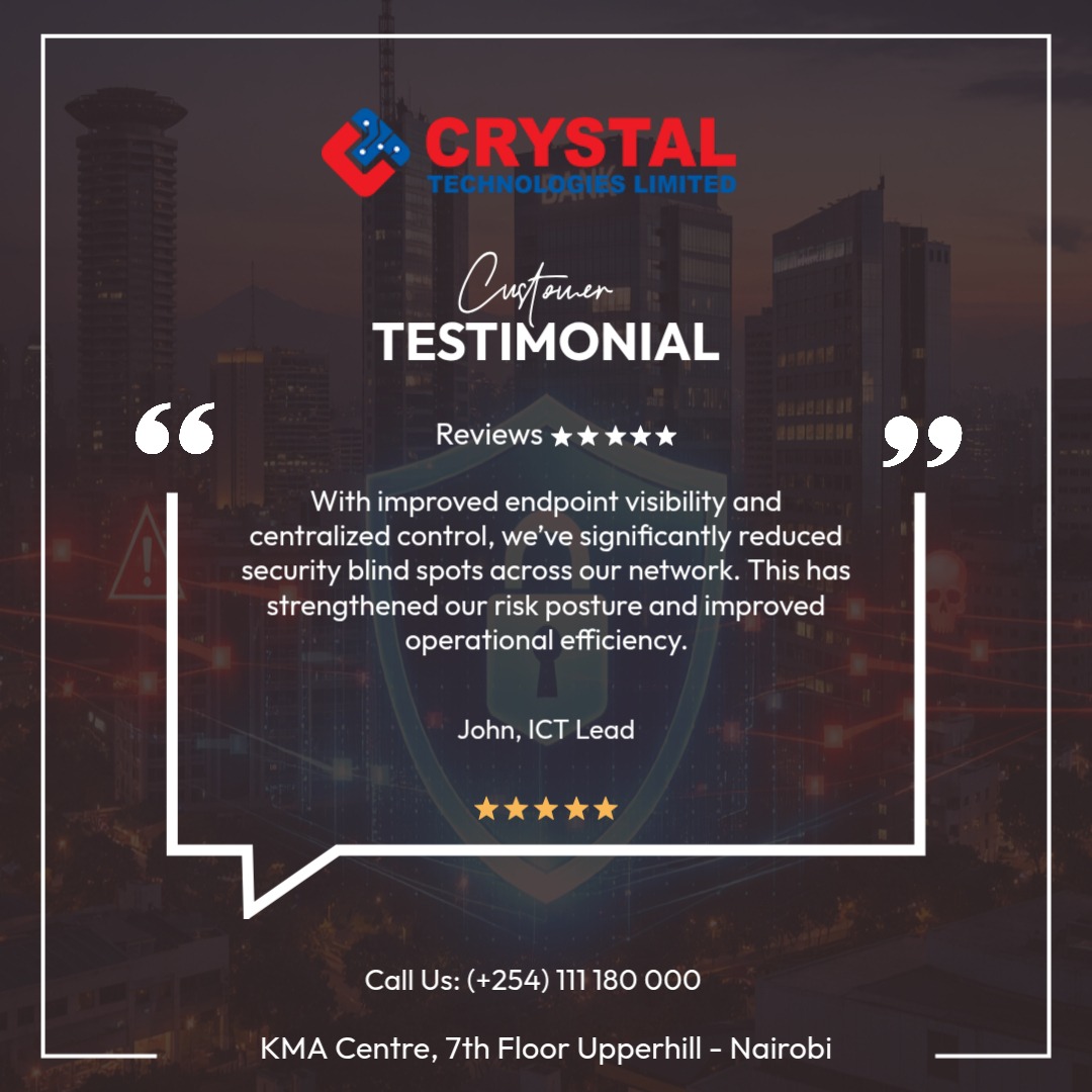 Disconnected endpoints and rising threats? 🛑

See how a leading bank achieved full visibility and centralized control, turning security complexity into clarity.

Read the case study: crystaltech.co.ke/case-study/end…

#CyberSecurity #EndpointProtection #Kenya #CaseStudy