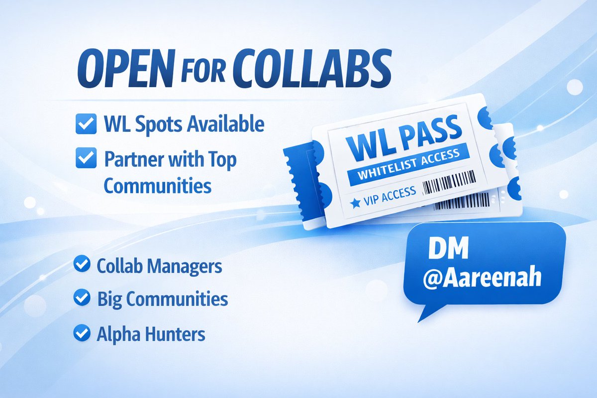 Aareenah's tweet image. Open for collabs.

WL spots available for solid projects and active communities.

Looking to collaborate with: Collab managers
Strong communities
Alpha hunters

Let’s build something valuable together.
DM 

#NFT #Web3 #Collab #Whitelist #NFTCommunity #Alpha #CryptoCommunity