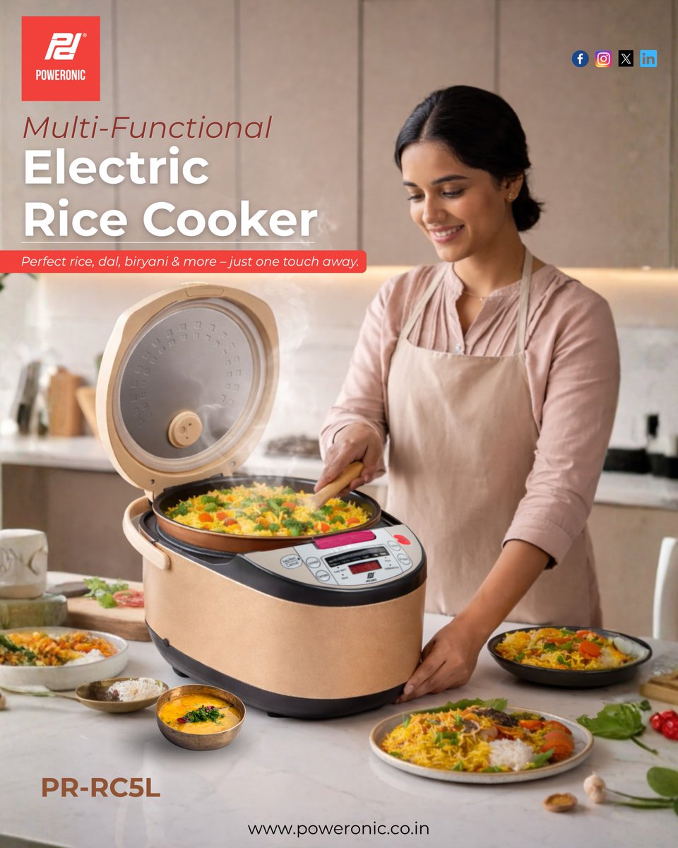 _poweronic's tweet image. Cook delicious meals with ease! 🍲
The Multi-Functional Electric Rice Cooker makes perfect rice, dal, biryani &amp;amp; more in just one touch. 
#RiceCooker #SmartCooking #KitchenEssentials #EasyCooking #BiryaniLovers #HomeCooking #CookWithEase #ModernKitchen #ApplianceGoals #Poweronic