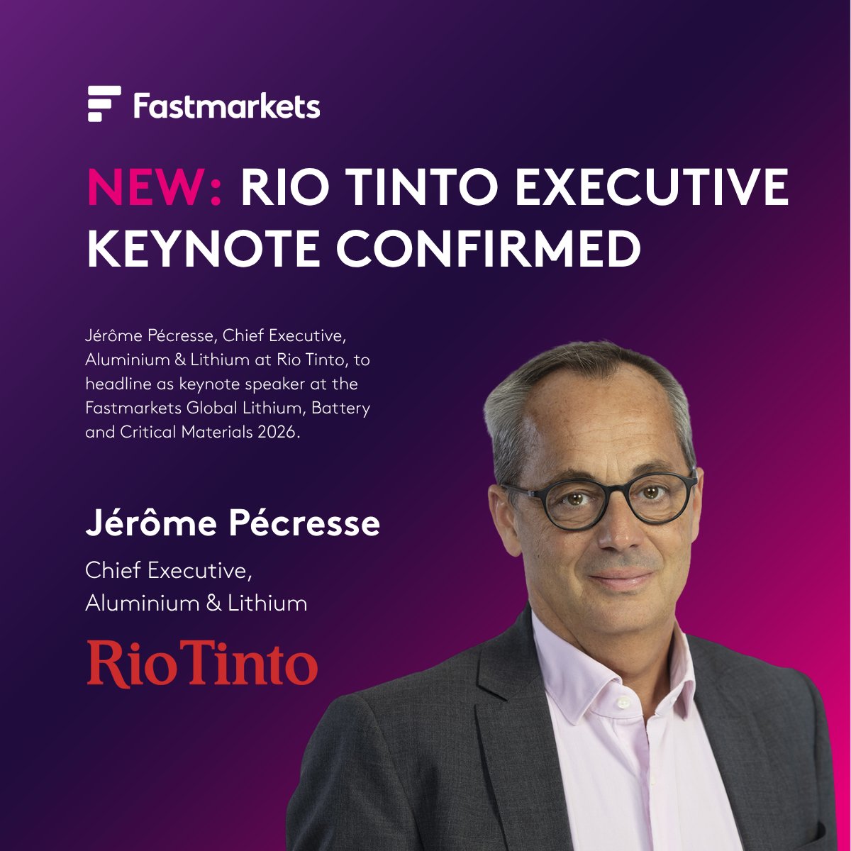BatteriesNews's tweet image. Jérôme Pécresse, Chief Executive Aluminium &amp;amp; Lithium at @RioTinto, headlines Fastmarkets Global Lithium, Battery &amp;amp; Critical Materials in Las Vegas this June.

Use code BATNEWS10 for 10% off 👉 globalevents.fastmarkets.com/lithium-supply…

#Lithium #BatteryMaterials #CriticalMaterials #RioTinto