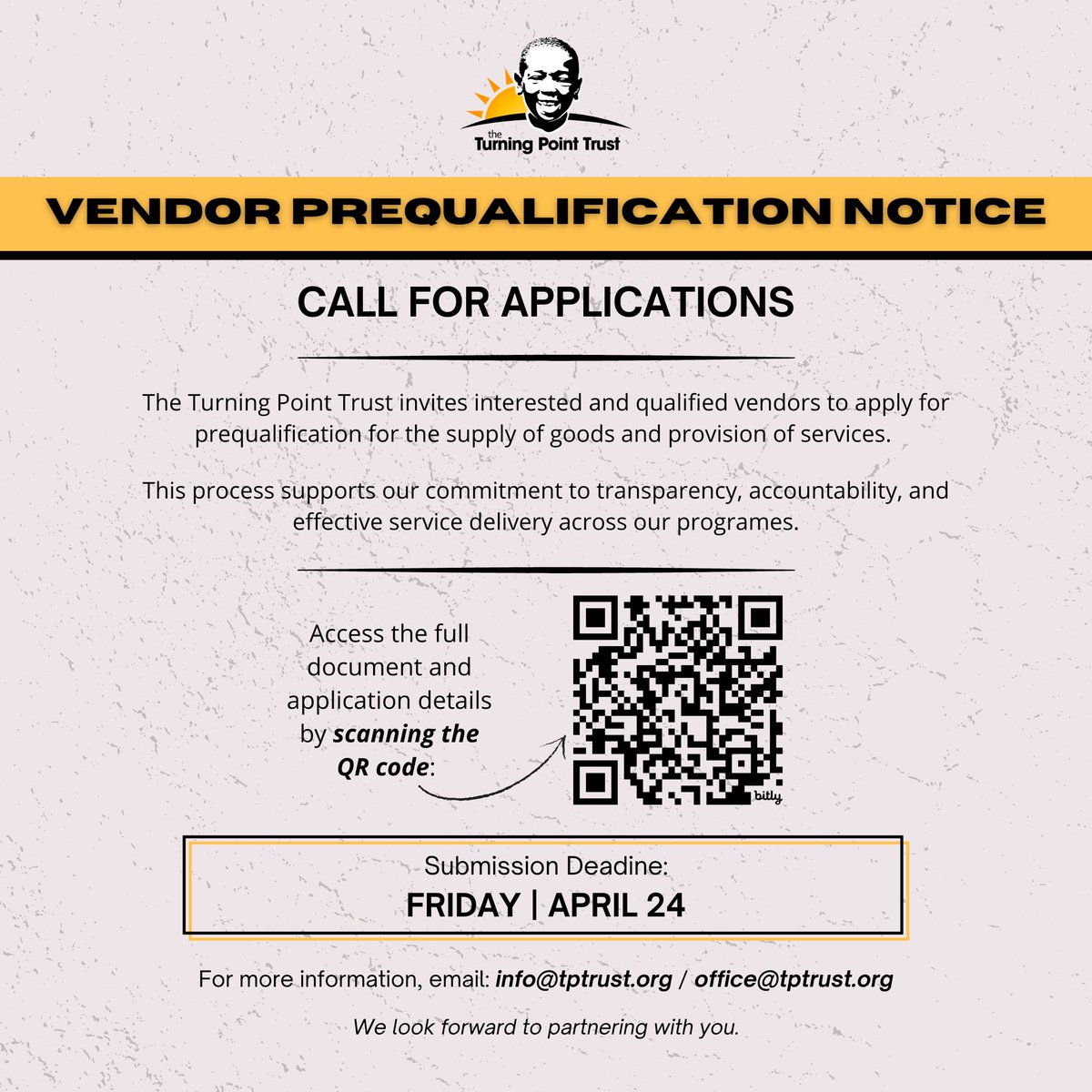 tptrust's tweet image. 📢 Vendor Prequalification Open

Turning Point Trust invites qualified vendors to apply.

📄 View details &amp;amp; apply: bit.ly/41BpYiC

#Procurement #Opportunities