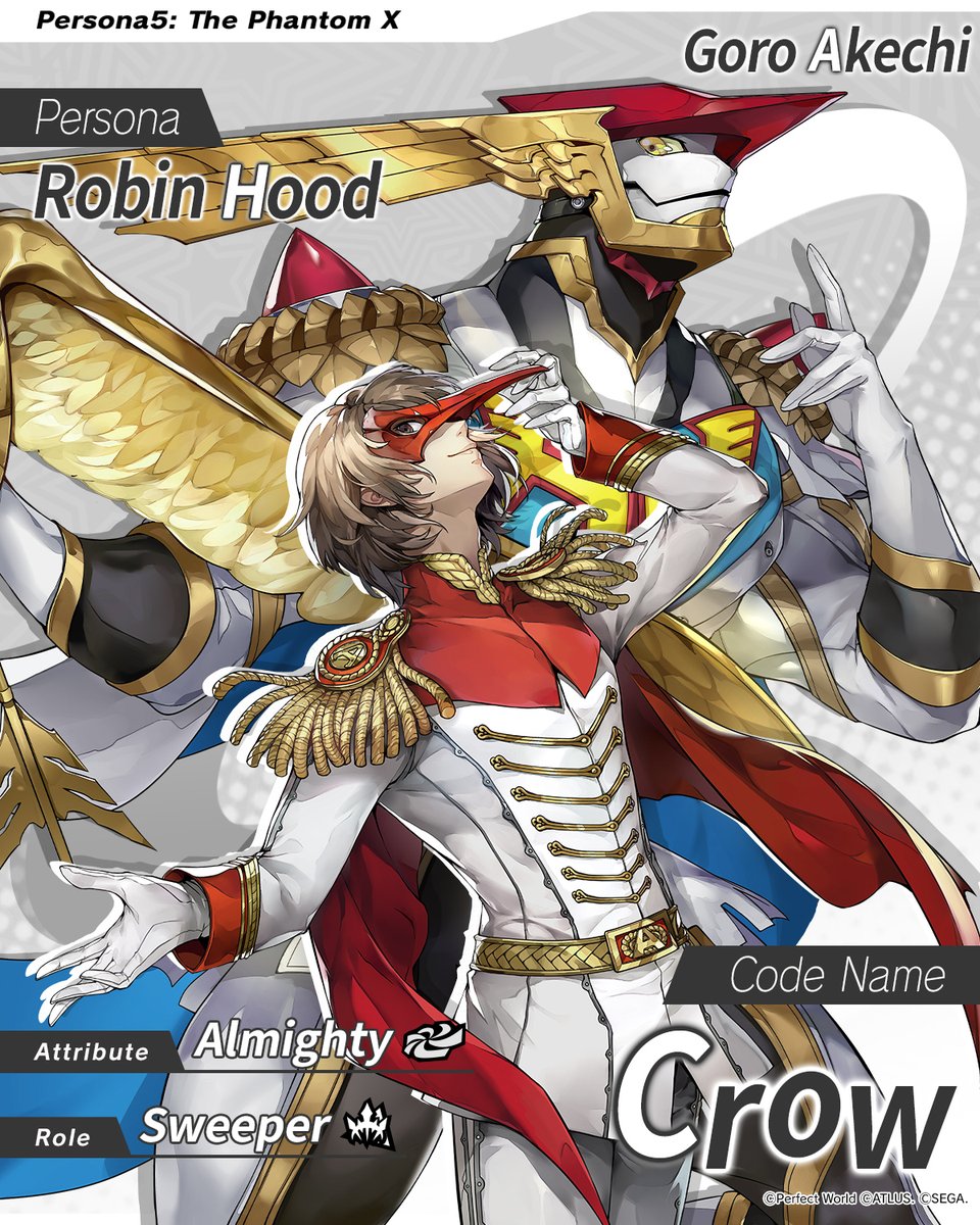 P5XOfficialWest's tweet image. ✧─ Phantom Thief Intro ─✧ 
Here's a sneak peek at Persona 5 Royal's Goro Akechi and his Persona, coming soon to P5X!

"No case is too difficult when it's in my hands."

🚲️ Goro Akechi (VA: #SoichiroHoshi)
🚲️ Code name: Crow
🚲️ Persona: Robin Hood

#P5XEN #P5R